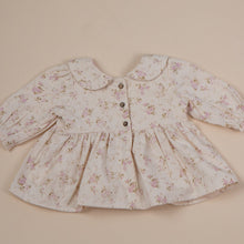 Load image into Gallery viewer, dense brushed cotton vintage floral top with peter pan collar for baby girl or toddler girl on beige background. back view with three wooden buttons