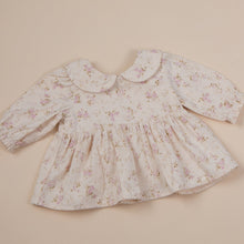 Load image into Gallery viewer, dense brushed cotton vintage floral top with peter pan collar for baby girl or toddler girl on beige background.