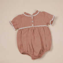 Load image into Gallery viewer, terracotta coloured natual linen onesie with white trim detail and puff sleeve for baby girl or toddler girl