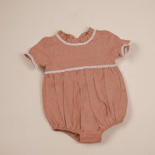 Load image into Gallery viewer, terracotta coloured natual linen onesie with white trim detail and puff sleeve for baby girl or toddler girl