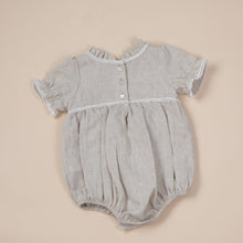 Load image into Gallery viewer, a natural flax linen onesie with white trim detail for baby girl or toddler girl on beige background