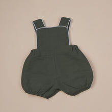 Load image into Gallery viewer, green natural short romper with vintage buttons for baby girl or boy or toddler boy or girl on beige background