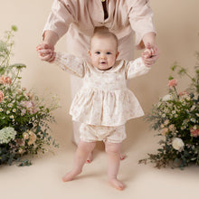 Load image into Gallery viewer, dense brushed cotton vintage floral top with peter pan collar for baby girl or toddler girl on beige background.