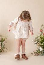 Load image into Gallery viewer, dense brushed cotton vintage floral top with peter pan collar for baby girl or toddler girl on beige background.