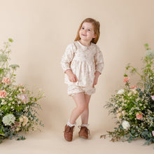 Load image into Gallery viewer, dense brushed cotton vintage floral top with peter pan collar for baby girl or toddler girl on beige background.