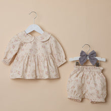 Load image into Gallery viewer, dense brushed cotton vintage floral top with peter pan collar and matching bloomers for baby girl or toddler girl on beige background.