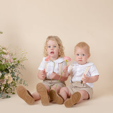 Load image into Gallery viewer, dense brushed cotton vintage floral top with peter pan collar for baby girl or toddler girl on beige background.