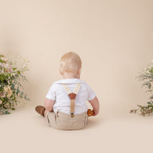 Load image into Gallery viewer, dense brushed cotton vintage floral top with peter pan collar for baby girl or toddler girl on beige background.