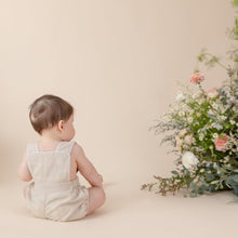 Load image into Gallery viewer, sand colour ramie romper with vintage button for baby or toddler boy or girl