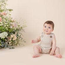 Load image into Gallery viewer, sand colour ramie romper with vintage button for baby or toddler boy or girl
